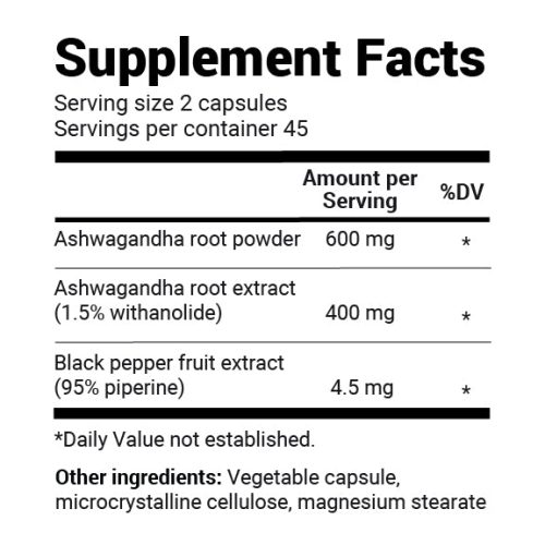 Aswagandha with Bioperine 90 capsules Supplement Facts V1 04.10.24 01