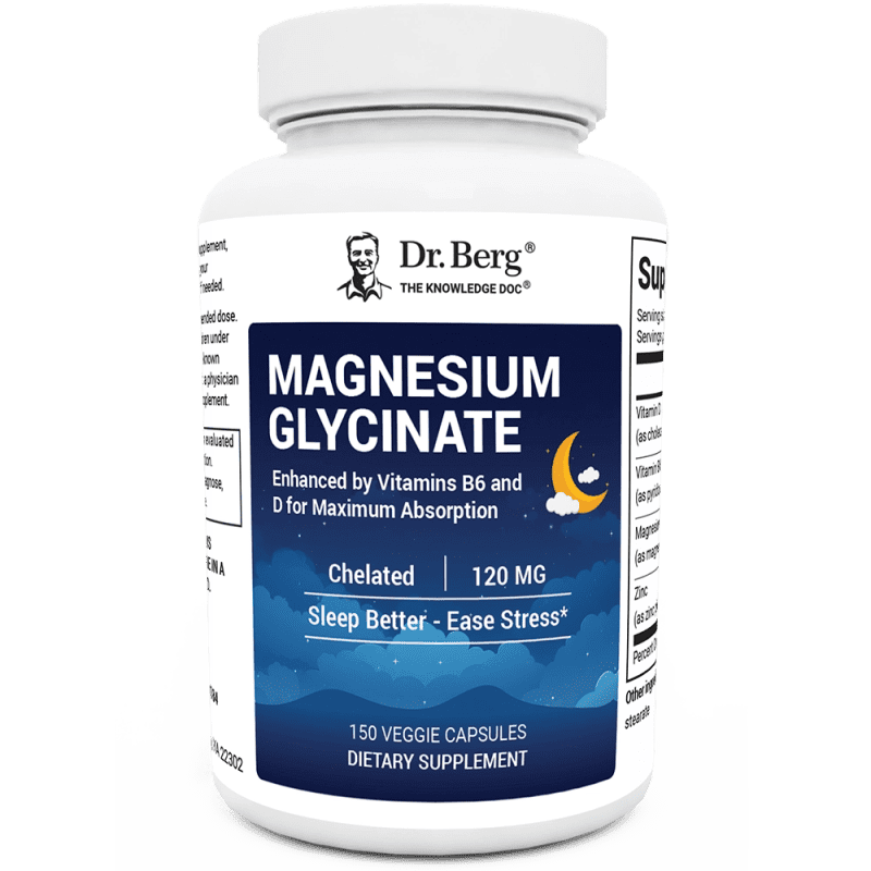 Magnesium Glycinate with added vitamin B6 and D, 150 capsules, front view, bottle with Dr. Berg branding.