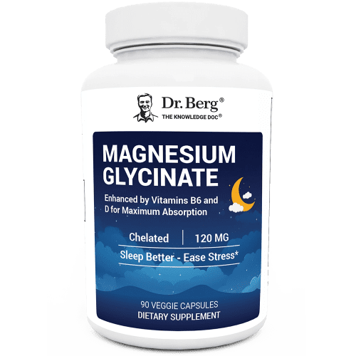 Magnesium Glycinate, 90 veggie capsules, front view, bottle with Dr. Berg branding and night sky design on the label.