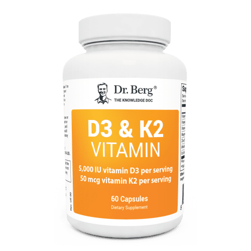 D3 and K2 Vitamin 5,000 IU, 60 capsules, front view, bottle with Dr. Berg branding.