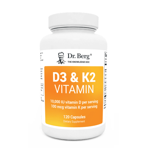 D3 and K2 Vitamin 10,000 IU, 120 capsules, front view, bottle with Dr. Berg branding.