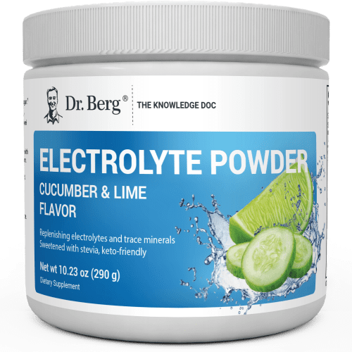 Electrolyte Powder, Cucumber and Lime Flavor, 50 Servings, 10.23 ounces, front view, Dr. Berg branding, cucumber and lime slices on the cover.