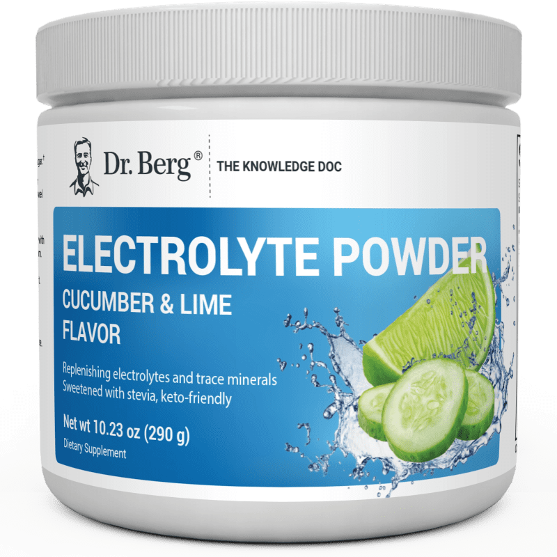 Electrolyte Powder, Cucumber and Lime Flavor, 50 Servings, 10.23 ounces, front view, Dr. Berg branding, cucumber and lime slices on the cover.