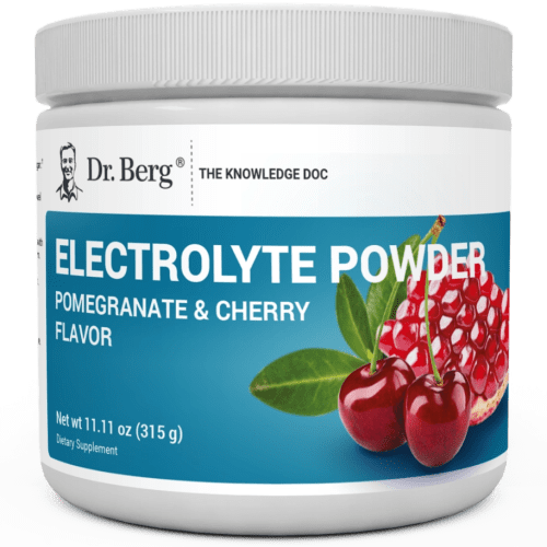 Electrolyte Powder, Pomegranate and Cherry Flavor, 50 Servings, 11.11 ounces, front view, bottle with Dr. Berg branding, cherries and pomegranate on the cover.