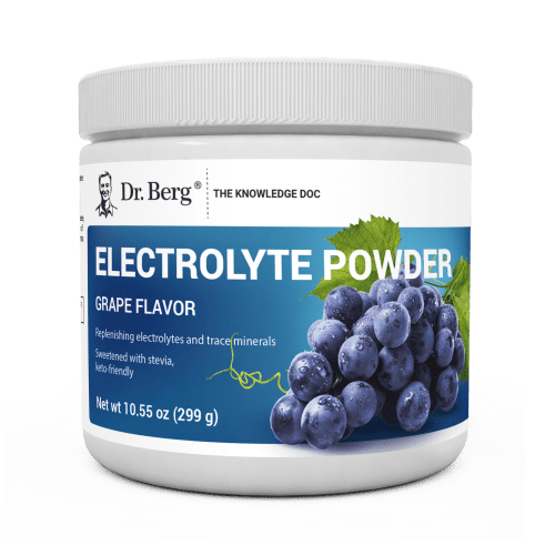 Electrolyte Powder, Grape Flavor, 50 Servings, 10.55 ounces, front view, bottle with Dr. Berg branding and grapes on the cover.