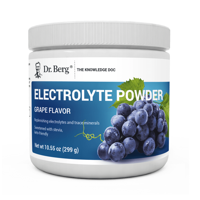 Electrolyte Powder, Grape Flavor, 50 Servings, 10.55 ounces, front view, bottle with Dr. Berg branding and grapes on the cover.