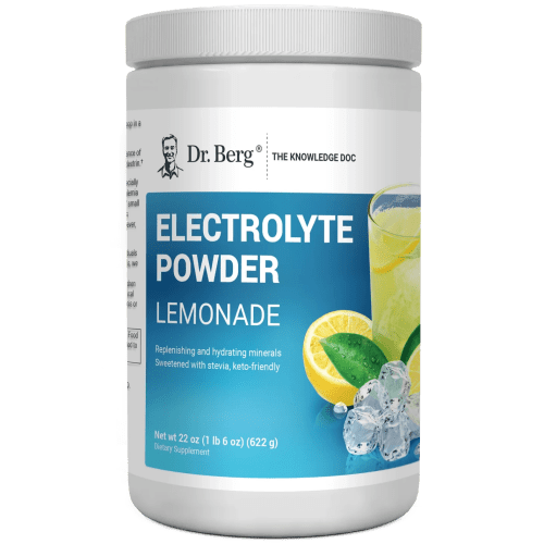 Electrolyte Powder, Lemonade Flavor, 100 Servings, 1 pound 6 ounces, front view, bottle with Dr. Berg branding and a glass of lemonade on the cover.