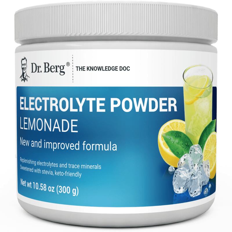 Electrolyte Powder, Lemonade Flavor, 50 Servings, 10.58 ounces, front view, bottle with Dr. Berg branding and a glass of lemonade on the cover.