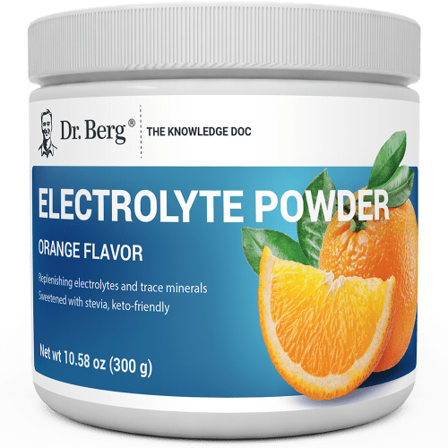 Electrolyte Powder, Orange Flavor, 50 Servings, 10.58 ounces, front view, bottle with Dr. Berg branding and an orange slice on the cover.