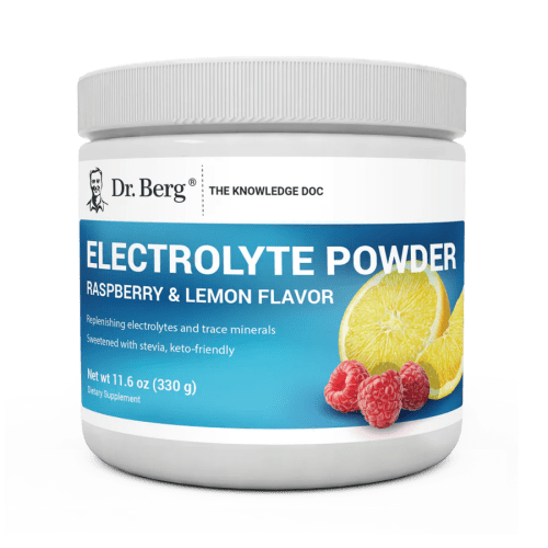 Electrolyte Powder, Raspberry and Lemon Flavor, 50 Servings, 11.6 ounces, front view, bottle with Dr. Berg branding, raspberries, and lemon slice on the cover.