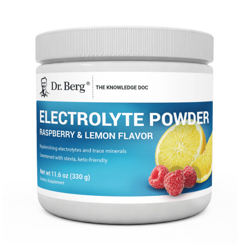 Electrolyte Powder, Raspberry and Lemon Flavor, 50 Servings, 11.6 ounces, front view, bottle with Dr. Berg branding, raspberries, and lemon slice on the cover.