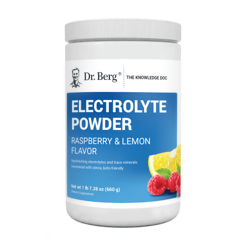 Electrolyte Powder, Raspberry and Lemon Flavor, 100 Servings, 1 pound 7.28 ounces, front view, bottle with Dr. Berg branding, raspberries, and lemon on the cover.