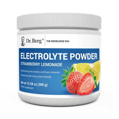 Electrolyte Powder, Strawberry Lemonade Flavor, 50 Servings, 10.58 ounces, front view, bottle with Dr. Berg branding, strawberries and a slice of lemon on the cover.