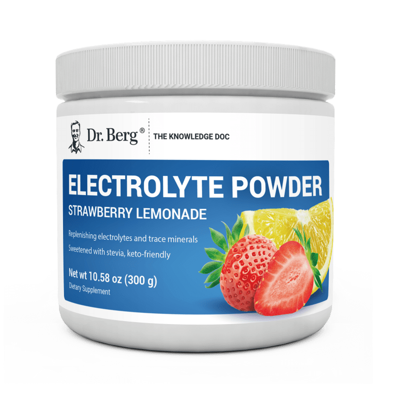 Electrolyte Powder, Strawberry Lemonade Flavor, 50 Servings, 10.58 ounces, front view, bottle with Dr. Berg branding, strawberries and a slice of lemon on the cover.