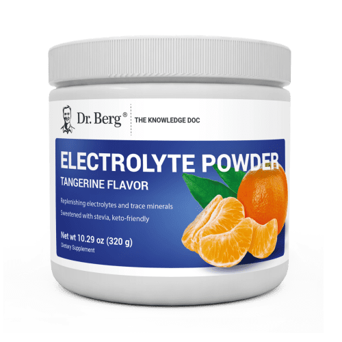 Electrolyte Powder, Tangerine Flavor, 50 Servings, 10.29 ounces, front view, Dr. Berg branding, tangerines on the cover.