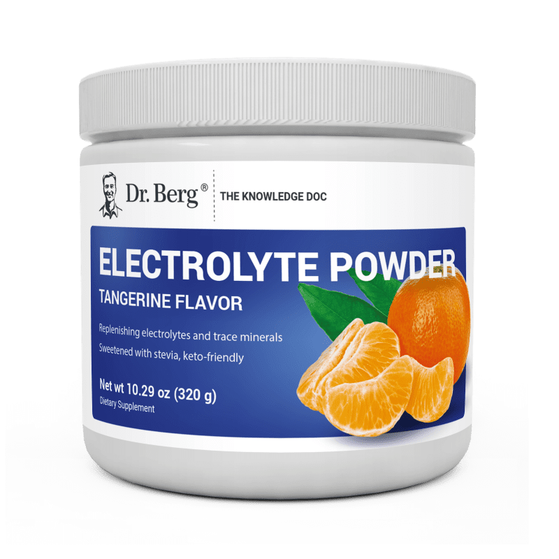 Electrolyte Powder, Tangerine Flavor, 50 Servings, 10.29 ounces, front view, Dr. Berg branding, tangerines on the cover.