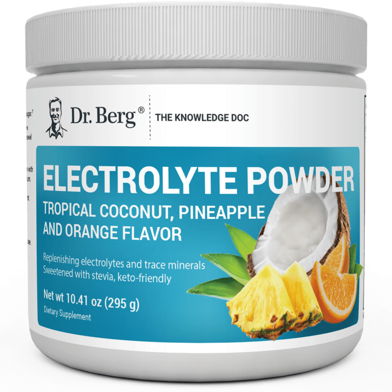 Electrolyte Powder, Tropical Coconut, Pineapple, and Orange Flavor, 50 Servings, 10.41 ounces, front view, Dr. Berg branding, coconut, pineapple, and orange slices on the cover.