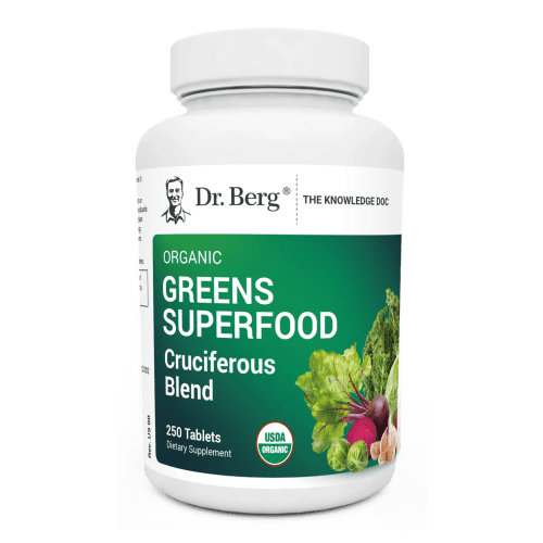 Organic Greens Superfood Cruciferous Blend, 250 tablets, front view, bottle with Dr. Berg branding and vegetables on the cover.