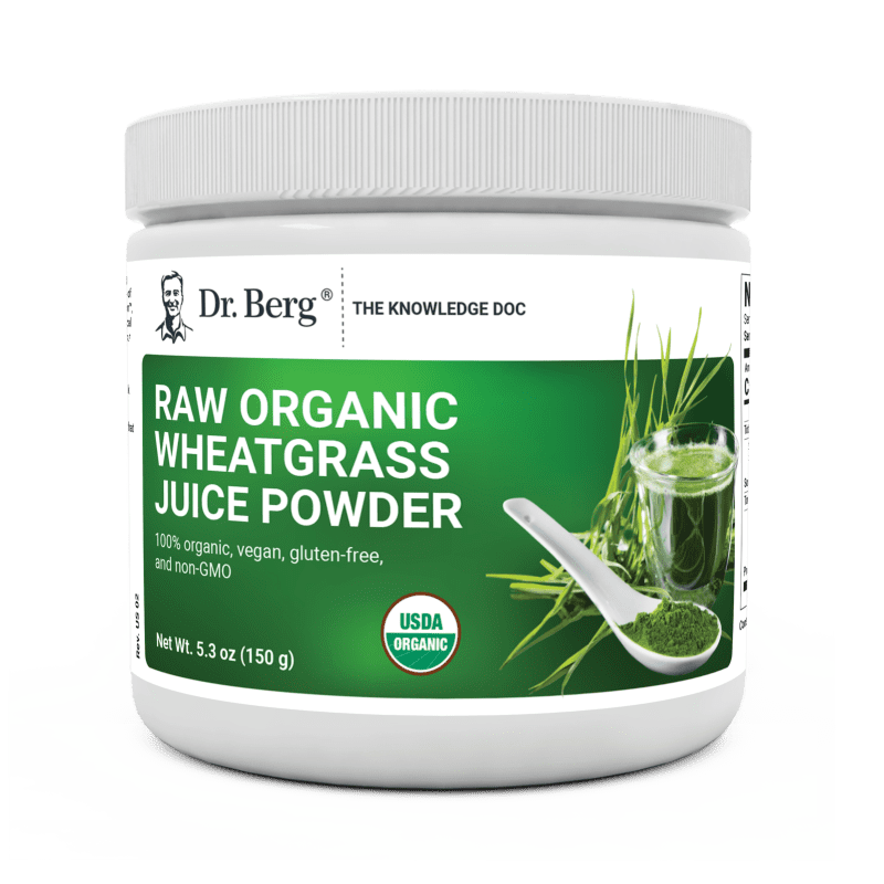 Raw Organic Wheatgrass Juice Powder, 5.3 ounces, front view, bottle with Dr. Berg branding, scoop of powder, glass of juice on cover.