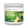 Raw Organic Wheatgrass Juice Powder Lemon Flavor, 5.8 ounces, front view, bottle with Dr. Berg branding and sliced of lemon on cover.