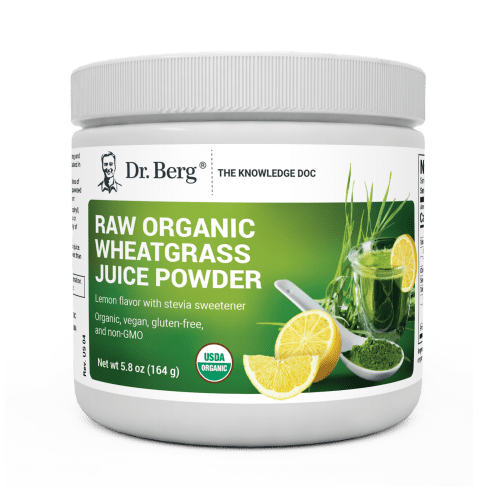 Raw Organic Wheatgrass Juice Powder Lemon Flavor, 5.8 ounces, front view, bottle with Dr. Berg branding and sliced of lemon on cover.