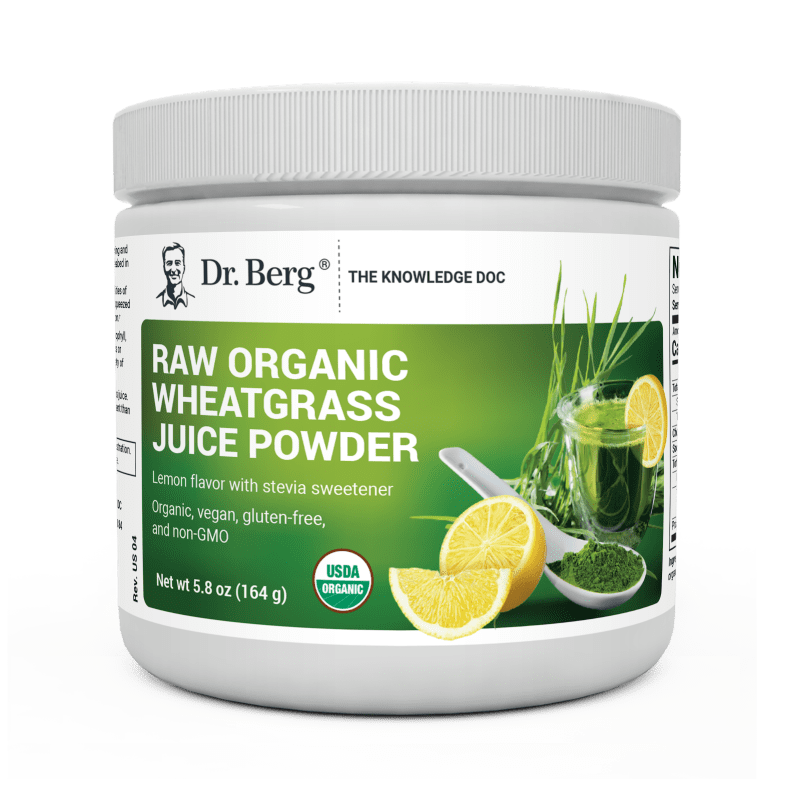 Raw Organic Wheatgrass Juice Powder Lemon Flavor, 5.8 ounces, front view, bottle with Dr. Berg branding and sliced of lemon on cover.